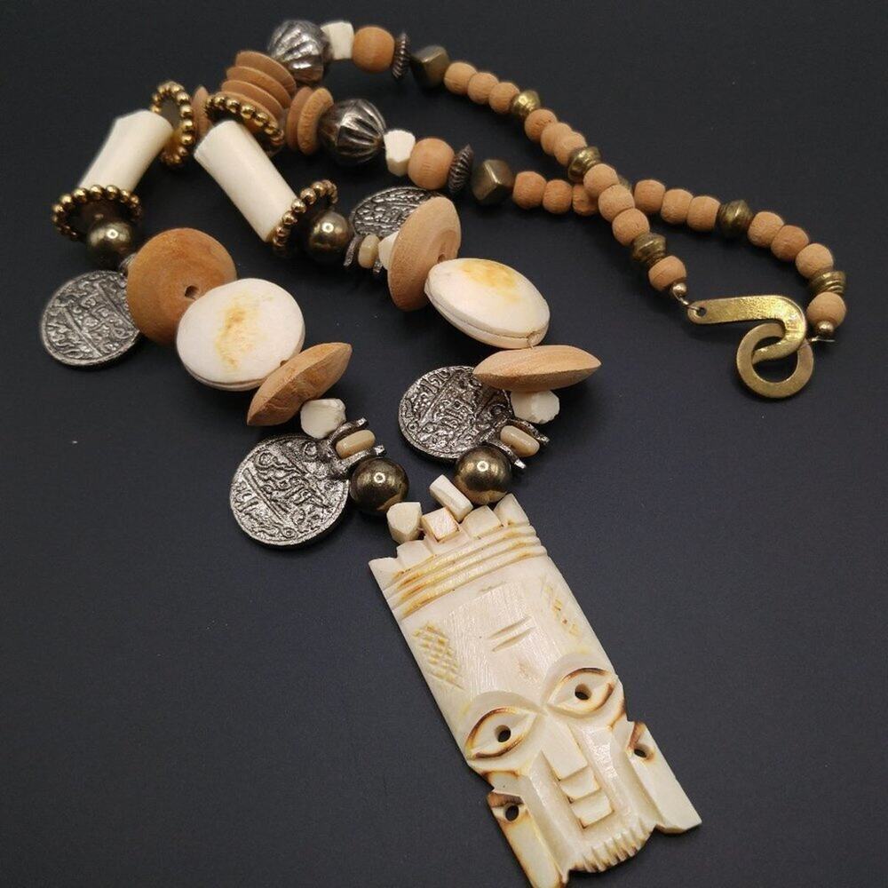 Vintage Tribal Artisan Beaded Necklace Carved Pendant Statement Necklace